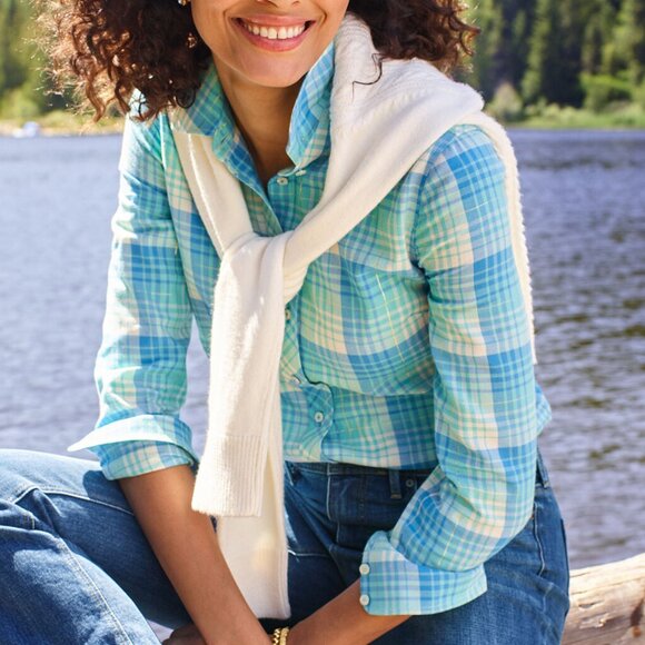 Talbots Tops - TALBOTS Soft Flannel Shirt 1XP Blue Turquoise Metallic Gold Button Down Cotton